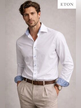 Eton Slim Fit Dress Shirt 41 16 White Blue Floral Contrast Cuff Collar Cotton